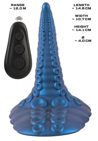 Tentakel Pad Sit On Vibrator: Blå tentakelformad vibrator med sugfot för handsfree-stimulering och fjärrkontroll. Mått: 14,8 × 10,7 × 14,1 cm: 14,8 × 10,7 × 14,1 cm, fjärrkontrollens räckvidd 12 m.