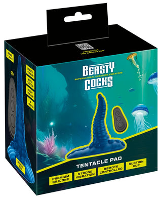 Tentacle Pad Sit On Vibrator-boxen innehåller en tentakelformad vibrator med en sugbas för handsfree-användning, fjärrkontroll och har en design med havstema.