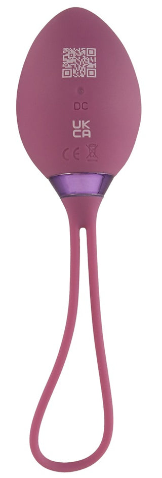 Fjärrstyrd knipkula i lila silikon med ögla och QR-kod, avsedd för bäckenbottenträning.