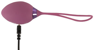 Lila kegelboll i silikon med handtag och laddningskabel.