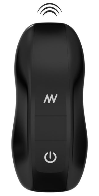 En svart handhållen enhet med strömknapp och vågsymbol som sänder ut signallinjer - perfekt som trådlös fjärrkontroll för ANOS RC Buttplug Set.