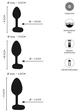 ANOS RC Buttplug Set innehåller tre pluggstorlekar med mått; ikoner som visar vibration, vattentät design, trådlös fjärrkontroll och USB-laddning.