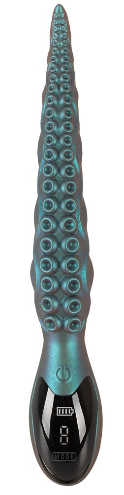 Octo Vibes Tentacle Vibrator är en vattentät teal vibrator med tentakeldesign, sugkoppsdetaljer och svart digital kontrollpanel vid basen.