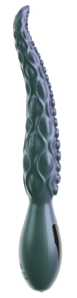 Octo Vibes Tentacle Vibrator har en mörkgrön, tentakelformad design med ett utbuktande handtag, texturerad yta och är tillverkad av premiumsilikon för en förbättrad upplevelse.