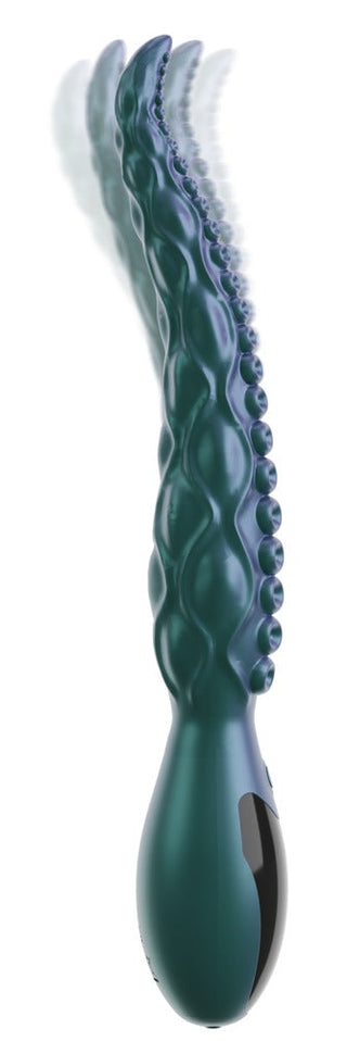 Octo Vibes Tentacle Vibrator i grönt med tentakeldesign och texturerade bulor visas i rörelse på vit bakgrund. Tillverkad av premiumsilikon och helt vattentät för extra njutning.