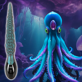 En självlysande bläckfisk simmar under vattnet bredvid Octo Vibes Tentacle Vibrator, en elektronisk apparat med knappar och skärm, inspirerad av en förstklassig tentakeldesign.