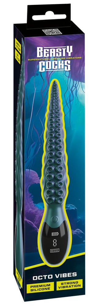 Octo Vibes Tentacle Vibrator levereras i en färgglad låda, är vattentät och tillverkad av premiumsilikon för en unik och lekfull upplevelse.