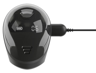 Vibrerande Ollon Masturbator är en svart elektronisk enhet med en digital batteridisplay, laddas via en sidokabel och fungerar som en diskret vibratorkopp för personlig avkoppling.