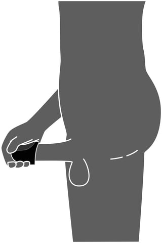 En hand som sätter en kondom på en erigerad penis, enkelt illustrerad i svartvitt, med Vibrerande Ollon Masturbator synlig i närheten.