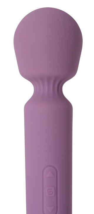 Svakom Mini Emma Neo Massagewand är en lila silikonstav med ett rundat huvud och handtagsknappar, kompatibel med Svakom-appen för fjärrstyrning.