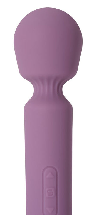 Svakom Mini Emma Neo Massagewand är en lila silikonstav med ett rundat huvud och handtagsknappar, kompatibel med Svakom-appen för fjärrstyrning.