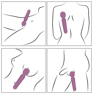Linjeteckningar av personer som använder Svakom Mini Emma Neo Massagewand med långdistanskontroll på lår, rygg, bröst och könsorgan.