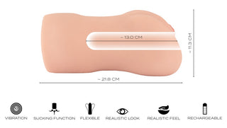 Realistixxx RealMasturbator Lösvagina i beige Natureskin-material med vibration och sug, tydligt markerade mått samt ikoner för flexibilitet och uppladdningsbarhet.