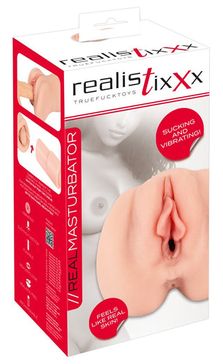 En låda med leksaker med Realistixxx RealMasturbator Lösvagina, tillverkad av Natureskin-material och utformad för en verklighetstrogen känsla.
