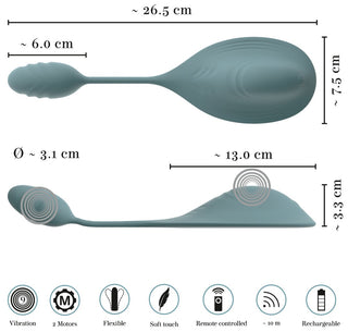 Sit-on-vibrator i tealfärgad silikon med flexibel design och medföljande fjärrkontroll, avsedd för dubbelstimulering.