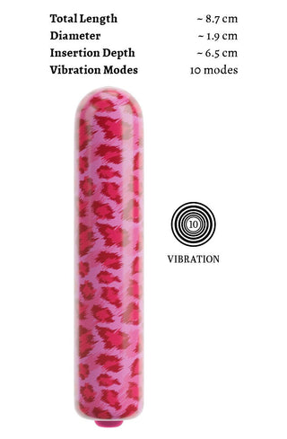 LEO Mini Vibrator i rosa och rött leopardmönster, med kompakta mått och listade funktioner. Denna lilla vibrator är perfekt för diskret njutning.