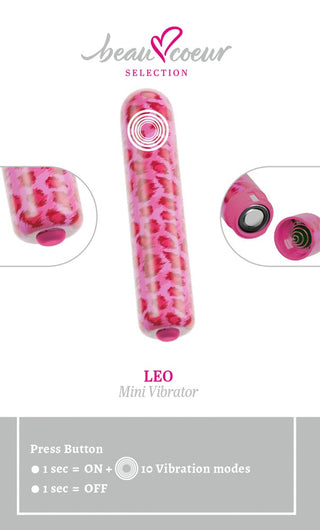 LEO Mini Vibrator, med en djärv rosa leopardmönstrad design, visas från olika vinklar med knappinstruktioner och produktnamnet "LEO Mini Vibrator" synligt.