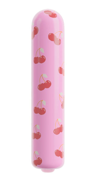 CHERRY Mini Vibrator är en rosa, elegant cylindrisk minivibrator med ett körsbärsmönster på en vit bakgrund.