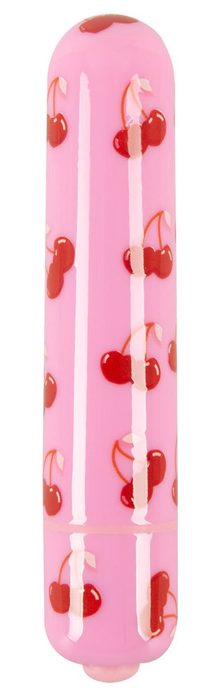 CHERRY Mini Vibrator är en rosa, cylindrisk massageapparat med ett charmigt körsbärsmönster och 10 vibrationslägen, perfekt för diskret personlig njutning.