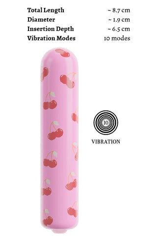 CHERRY Mini Vibrator är en rosa vibrator med ett körsbärsmönster, som mäter 8,7 cm x 1,9 cm och har 10 vibrationslägen för olika njutningar.