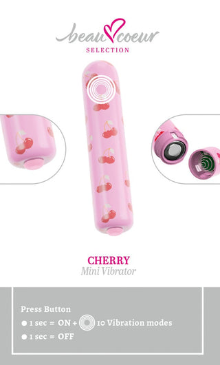CHERRY Mini Vibrator har 10 vibrationslägen och en rosa design med ett körsbärsmönster. Instruktioner för knappar finns nedan.