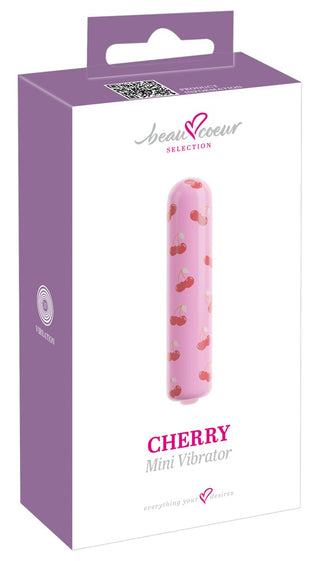 CHERRY Mini Vibrator är en rosa minivibrator med körsbärsmönster på en vit och lila förpackning. Den erbjuder 10 vibrationsinställningar för skräddarsydd njutning.