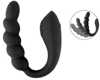 Bendable Dual Stimulator, en svart böjbar dubbelvibrator med flexibla pärlor, visas från två vinklar mot vit bakgrund.