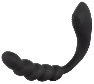 Bendable Dual Stimulator är en svart, böjd silikon dubbelvibrator med ett räfflat skaft och texturerad spets. Denna vattentät sexleksak erbjuder mångsidig njutning och flexibel användning.