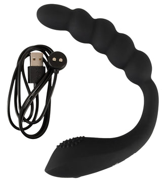 Bendable Dual Stimulator är en svart silikonprostatamassagerare med en böjd, pärlformad design; denna vattentät sexleksak levereras också med en USB-magnetisk laddningskabel.