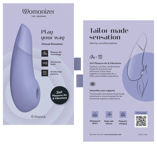 Womanizer Enhance Luftvibrator i lila har We-Vibes Pleasure Air Technology med 10 intensitetsnivåer, som kombinerar luft och vibrationer. Den är vattentät, gjord av kroppssäkra material, har magnetisk laddning och framhäver slogans som "Leka på din väg" och "Skräddarsydd sensation.