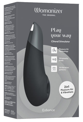 Bilden visar förpackningen för Womanizer Enhance Luftvibrator med en elegant grå låda och en svart enhet, som visar upp innovationer som We-Vibe-kompatibilitet, Pleasure Air Technology, 10 intensitetsnivåer och 10 vibrationsmönster för en förbättrad upplevelse.