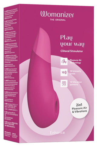 Womanizer Enhance Luftvibrator har en lila och rosa design som visar upp dess Pleasure Air-teknologi. Njut av 10 intensitetsnivåer och 10 vibrationsmönster, inspirerade av We-Vibes framsteg inom njutning.