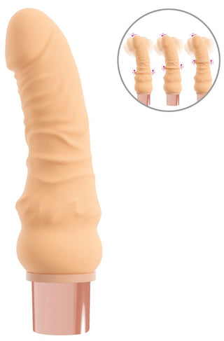 Hudfärgad, ådrad dildo-vibrator tillverkad av TPE, med roterande tryckmekanism och G-punktsstimulator.