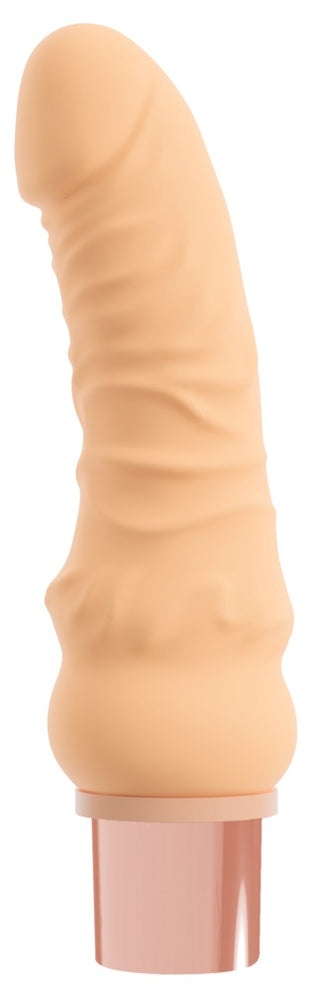 Köttfärgad, ådrad vibrator med rosa bas av mjuk TPE, på vit bakgrund.