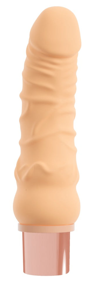 Köttfärgad TPE-vibrator med ådrig struktur och metallbas, utformad för stimulering av G-punkten.