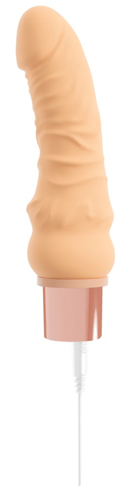 Realistisk nakenfärgad vibrator av mjuk TPE med sladdansluten styrenhet, utformad för stimulering av G-punkten, på vit bakgrund.