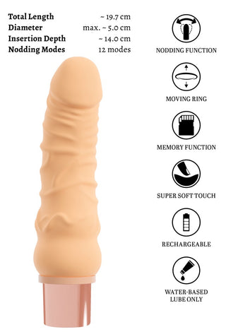 Selon Extra Dildovibrator i mjuk TPE, rosa färg, böjd design för G-punkt, med laddningsport och knappar.