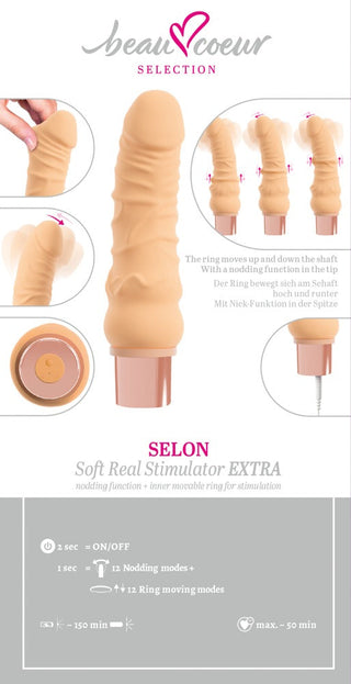 Realistisk dildo-vibrator i mjuk TPE, köttfärgad, med roterande spetsar och kontrollknapp för G-punktstimulans.