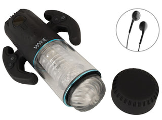 Svart och transparent WYNE 11 Masturbator med handtag, avtagbart lock och separata svarta öronsnäckor.