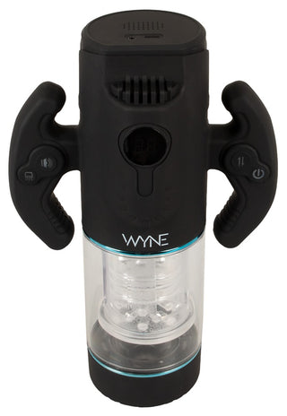 Svart och transparent WYNE 11 masturbator för män med digital display, dubbla handtag och synlig sugmekanism.