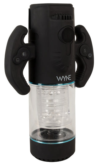 Svart och transparent WYNE 11 Masturbator med sidohandtag, knappar och en digital display på framsidan.
