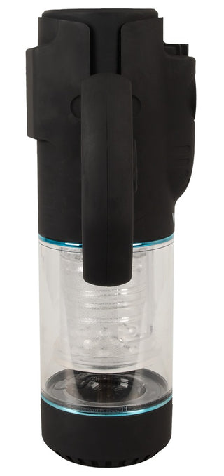 Svart, genomskinlig, bärbar masturbator med handtag och roterande innerhylsa, på bilden stående upprätt.