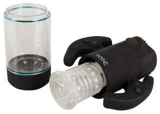 Svart och transparent masturbator för män med kontrollhandtag och en löstagbar, roterande innerhylsa.