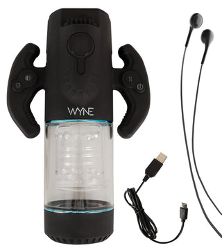 Svart elektronisk masturbator med kontrollhandtag, genomskinlig kammare, USB-kabel, roterande hylsa och öronsnäckor med sladd.