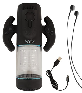 Svart elektronisk masturbator med kontrollhandtag, genomskinlig kammare, USB-kabel, roterande hylsa och öronsnäckor med sladd.