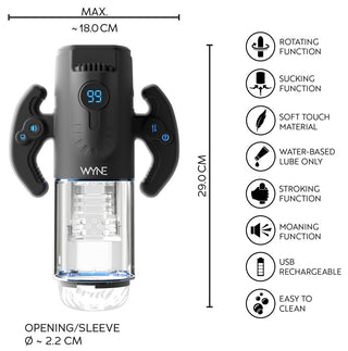 Svart och klar elektronisk masturbator för män med digital display, sugfunktion och roterande hylsa; mått 29x18cm.