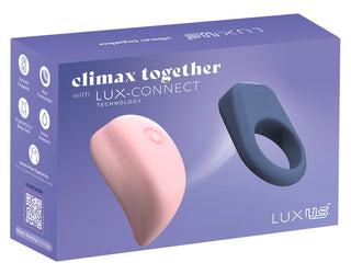 En lila ask med Luxus Parleksak med LuxConnect, som visar en rosa klitorisvibrator och en blå penisring på förpackningen.