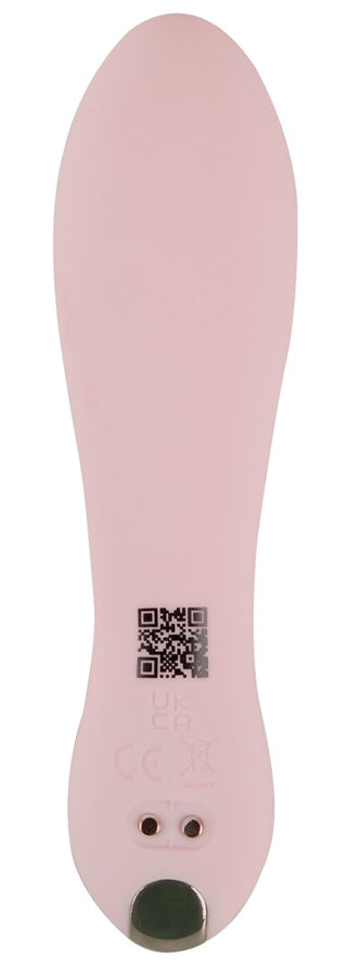 Den CERYA Rabbitvibrator-inspirerade rosa skosulan har en QR-kod, två små hål och en metallisk cirkulär sensor nära hälen för optimal komfort.