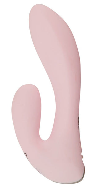 CERYA Rabbitvibrator - en rosa, böjd silikon minikrabba med dubbla tänder mot vit bakgrund, utmärkt för vaginal och klitorisstimulans.