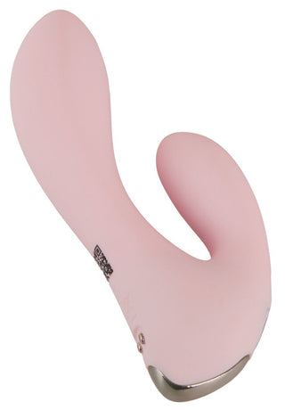 CERYA Rabbitvibrator är en rosa silikon dubbeländad mini massageapparat med en böjd design och metallbas, som erbjuder mångsidig vaginal och klitorisstimulering.